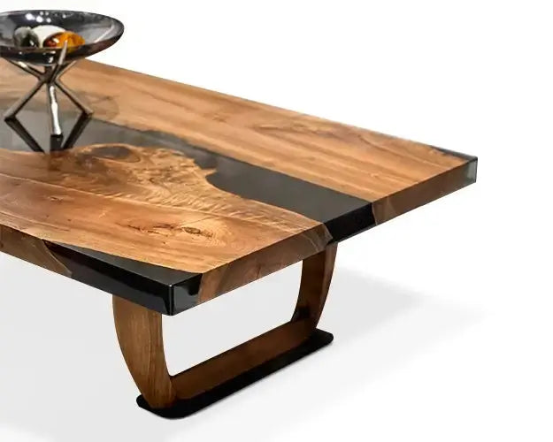 smoked color resin coffee table with walnut legs
