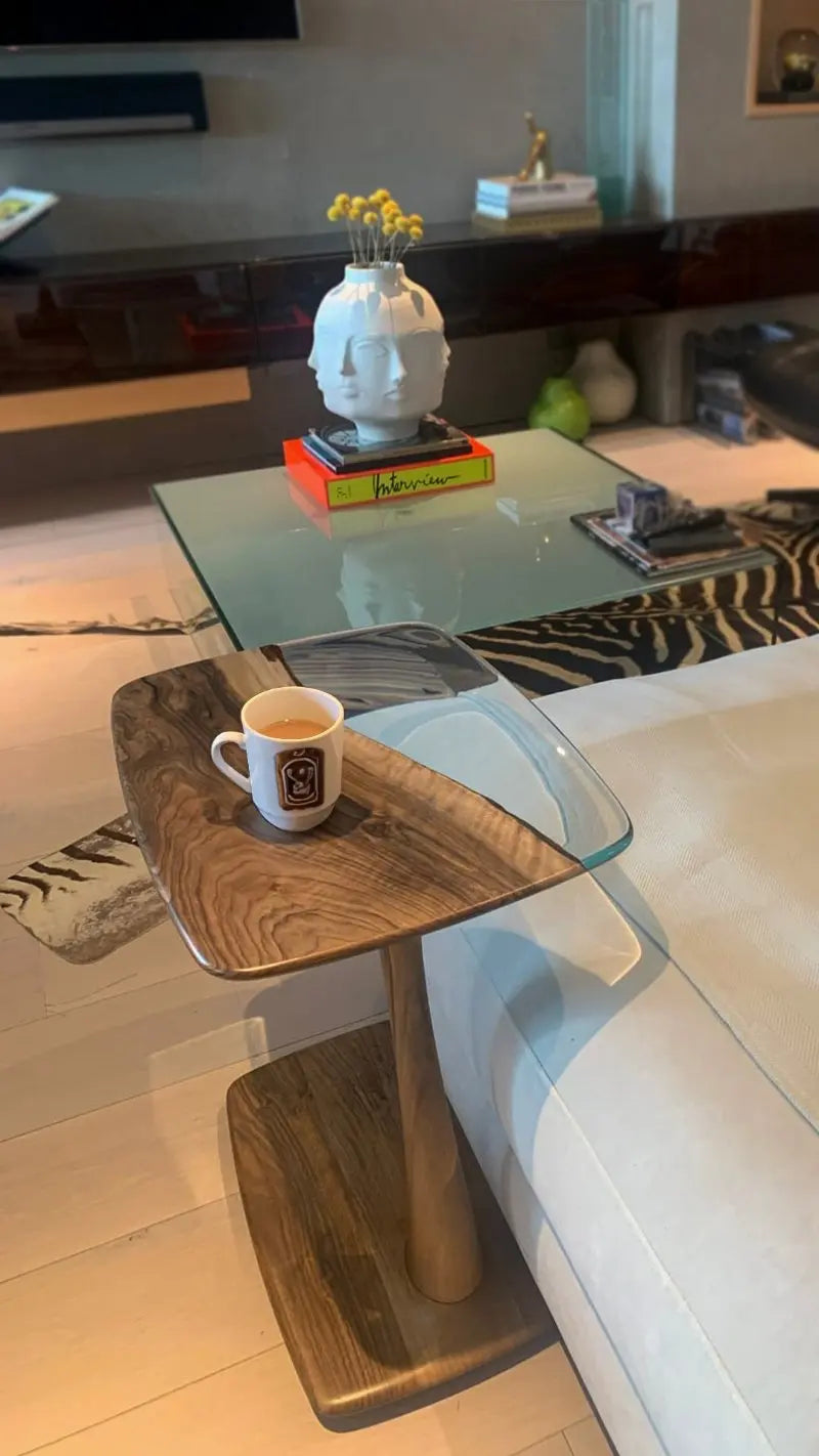 a walnut & epoxy resin end table in a premium living room.