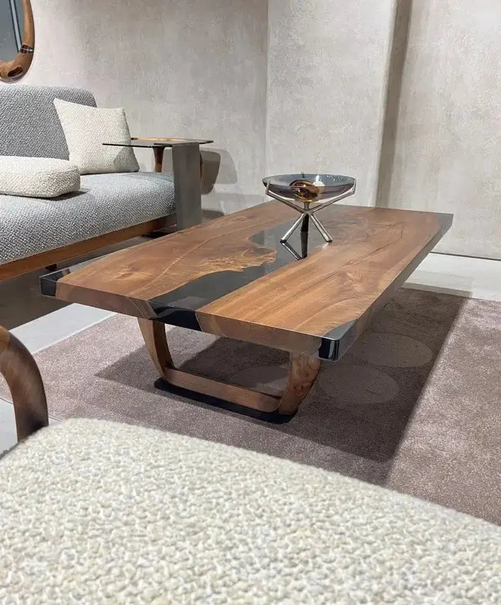 walnut and resin coffee table with walnut legs