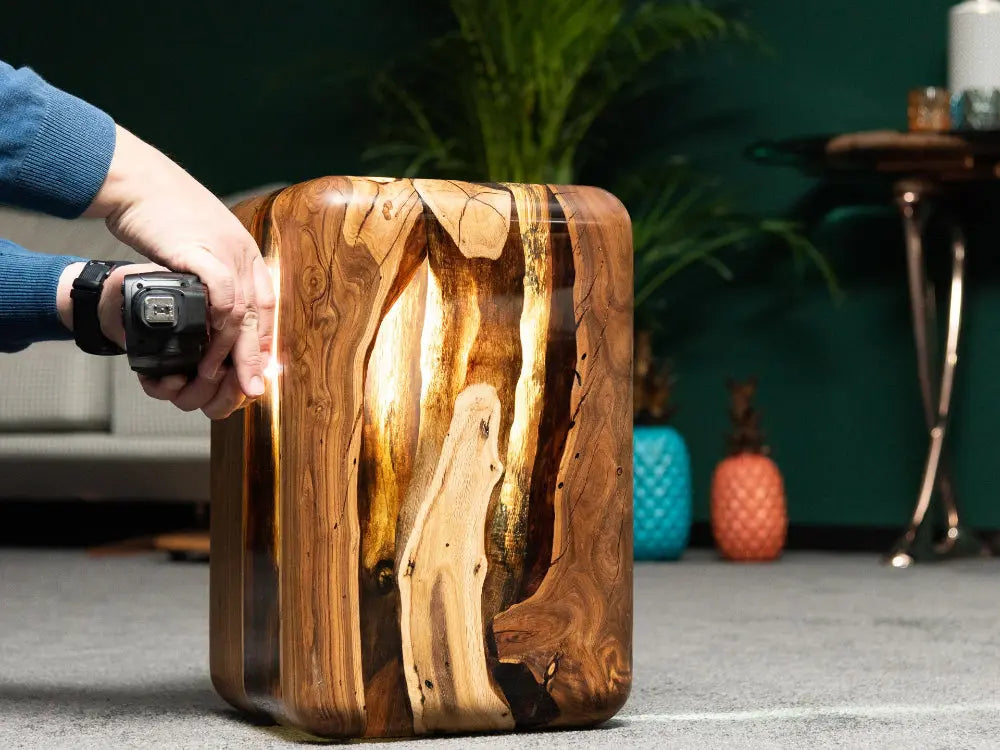 walnut clear epoxy resin cube end table rounded edge in a luxury home