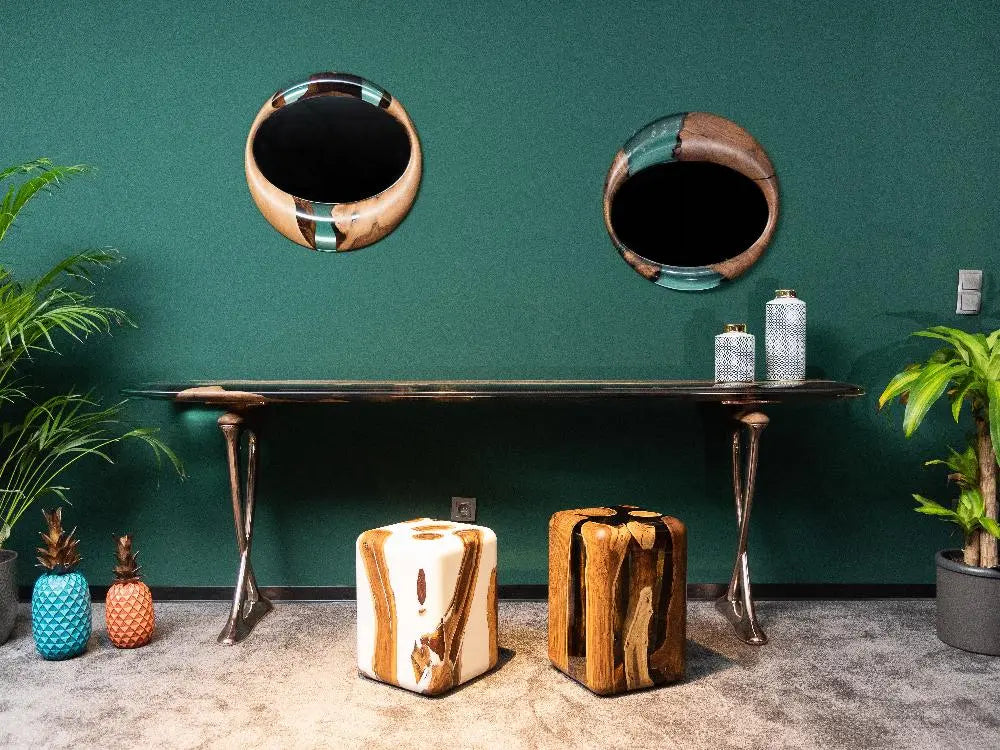 walnut clear epoxy resin cube end table straight edge in front of a console table