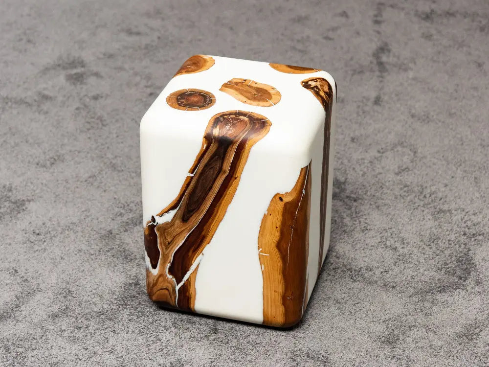 walnut white epoxy resin cube end table rounded edge