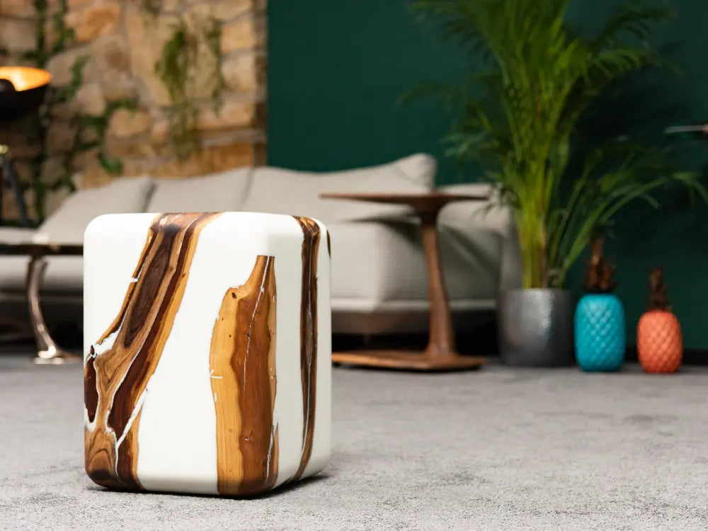 walnut white epoxy resin cube end table rounded edge in a luxury home