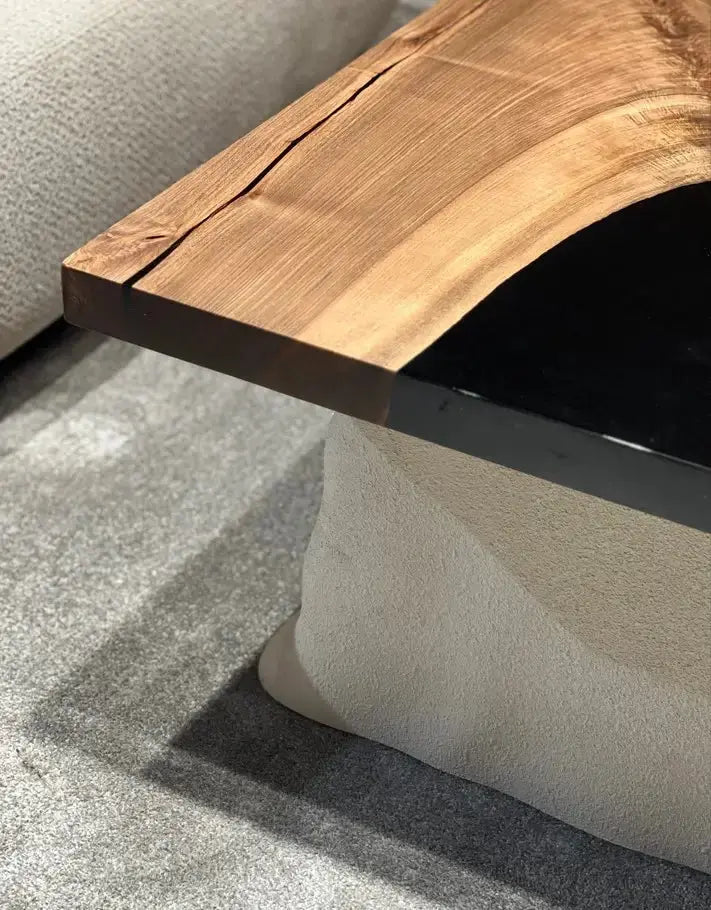 walnut with shiny black resin with stone inspired legs