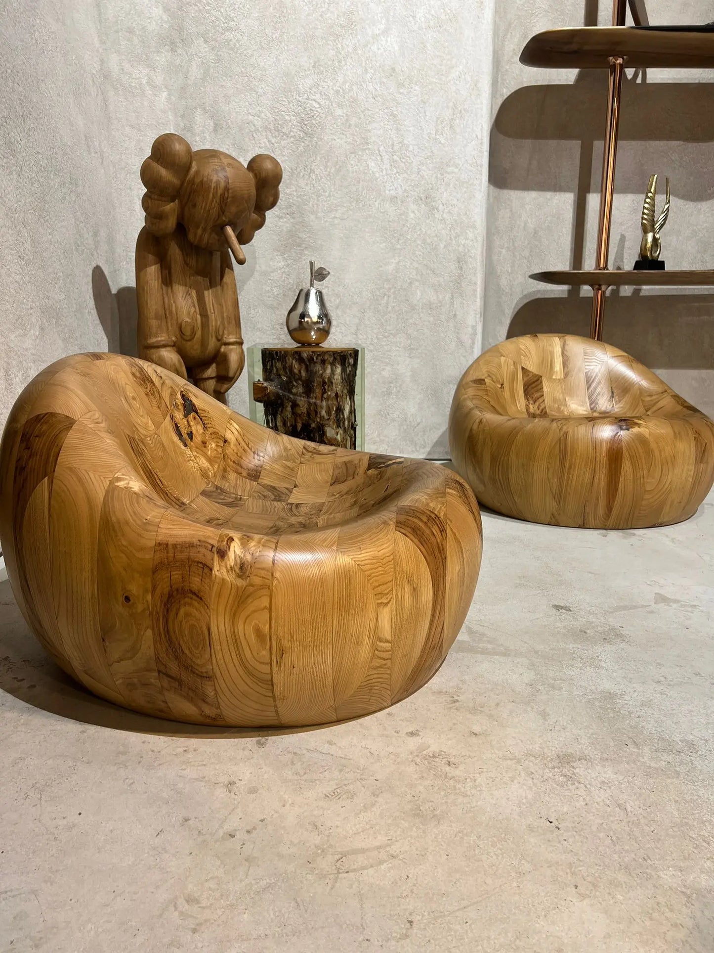 walnut wooden pod chair and kaws handcrafted