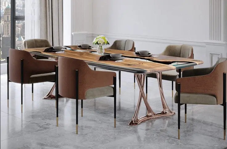 Epoxy resin and walnut dining table in a dining room