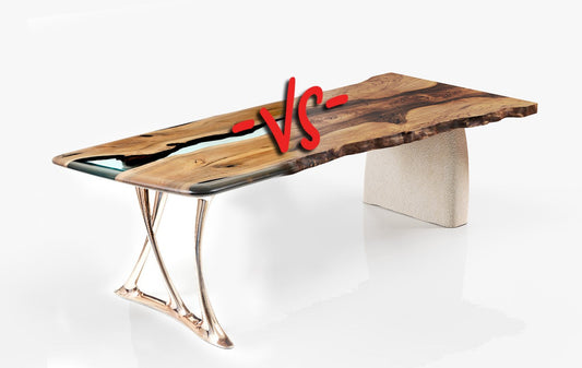 epoxy dining table vs solid wood dining table on white background