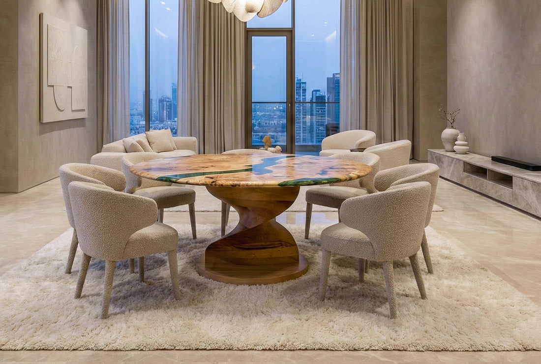 Round walnut dining table with chairs in a bright dining room