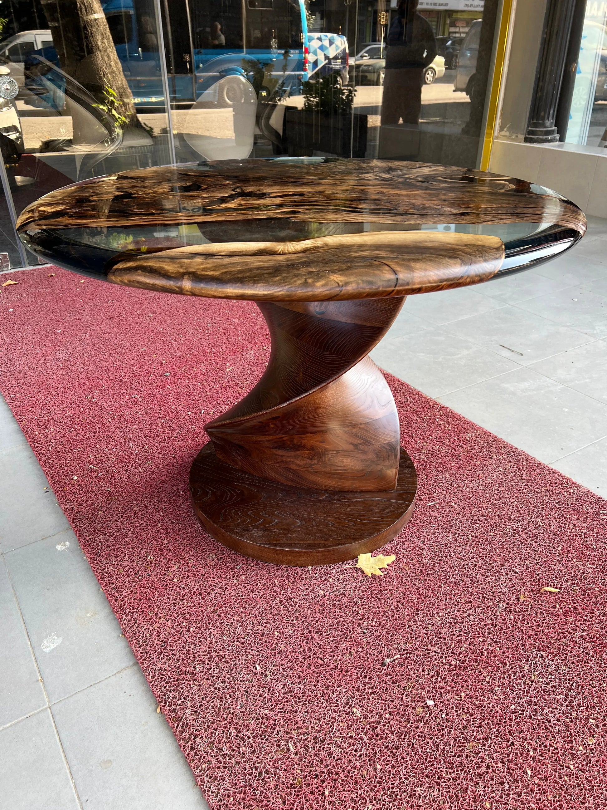 Round Epoxy Resin Table with Wooden Vortex Base Made of Walnut Gizz