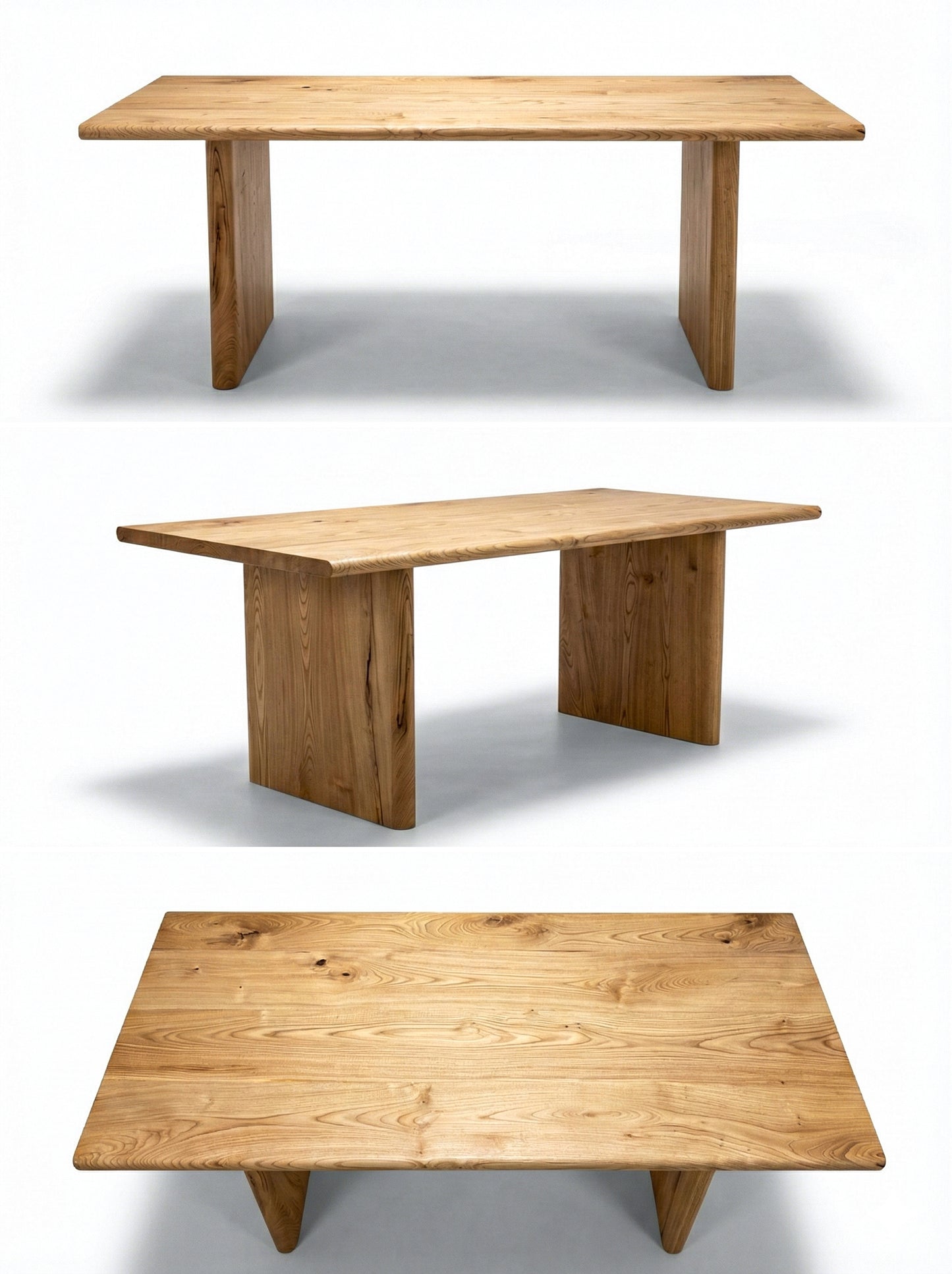 Three wooden tables of different sizes on a white background