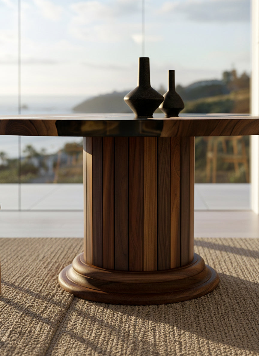 Round Dining Table with Solid Wood Drum Pedestal Base Gizz