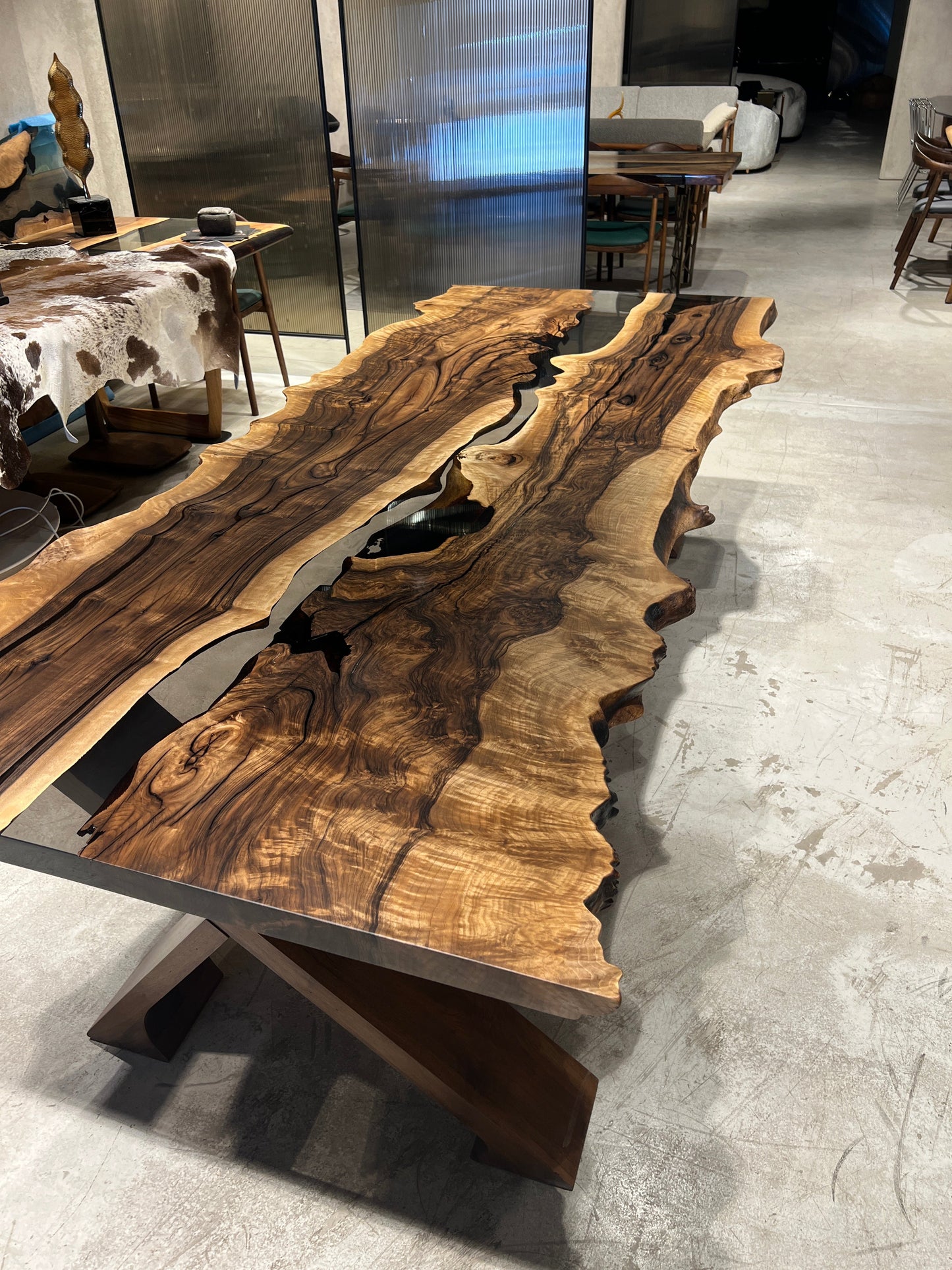 Live Edge Rustic, Epoxy Resin River Dining Room Table Made of Walnut Gizz