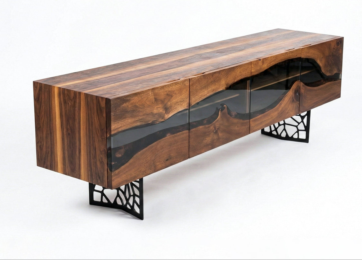 Wooden console table with glass panels on a white background
