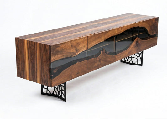Wooden console table with glass panels on a white background