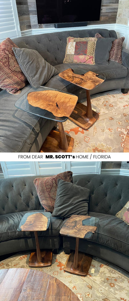 4 different walnut end tables pictured by the user.