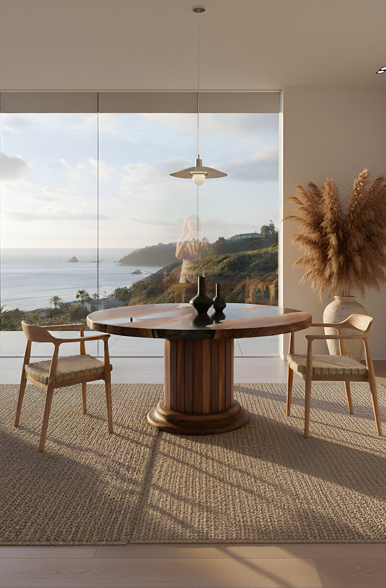 Round Dining Table with Solid Wood Drum Pedestal Base Gizz