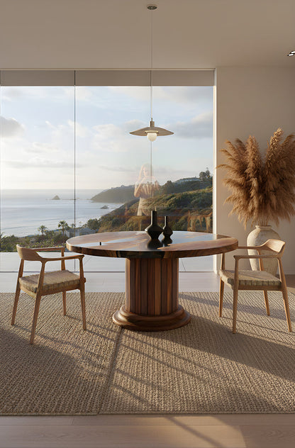 Round Dining Table with Solid Wood Drum Pedestal Base Gizz