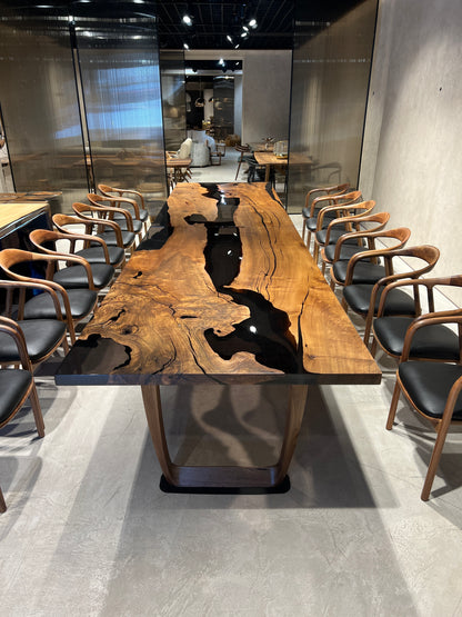 Epoxy Resin River Dining Table Featured Walnut Wood Leg