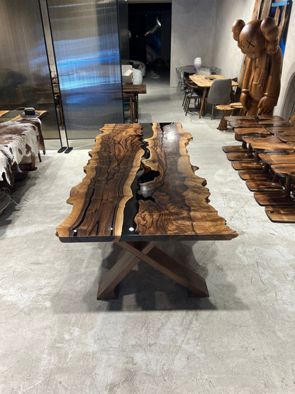 Live Edge Rustic, Epoxy Resin River Dining Room Table Made of Walnut Gizz
