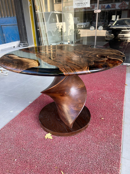 Round Epoxy Resin Table with Wooden Vortex Base Made of Walnut Gizz