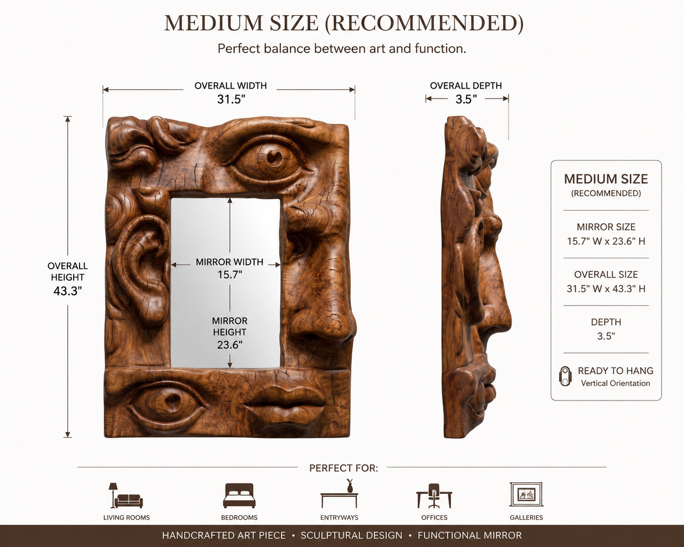 Modern Wooden Face Mirror – Handcrafted Sculptural Wall Art Mirror Gizz
