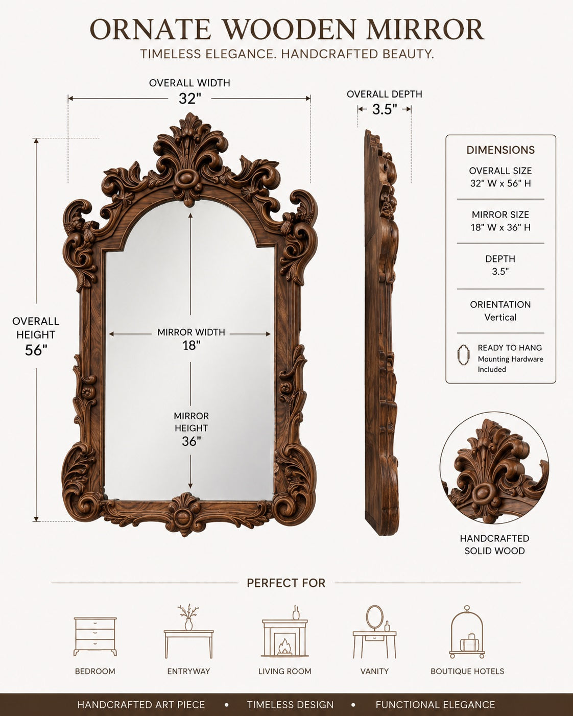 Large Ornate Wooden Wall Mirror – French Baroque Style Vanity Mirror Gizz