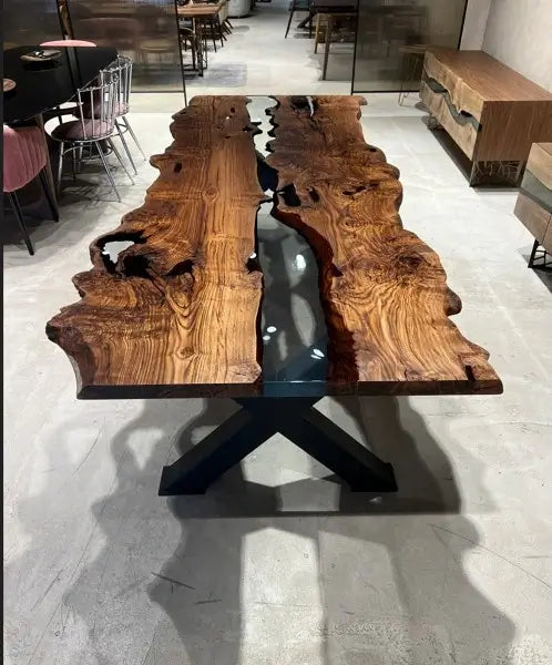 Clear Resin chestnut dining room table with black legs