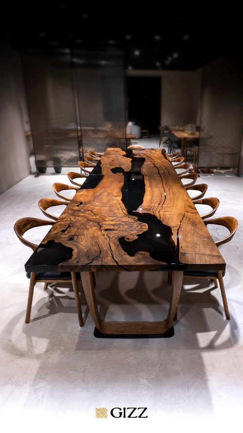 Epoxy Resin River Dining Table Featured Walnut Wood Leg with chairs