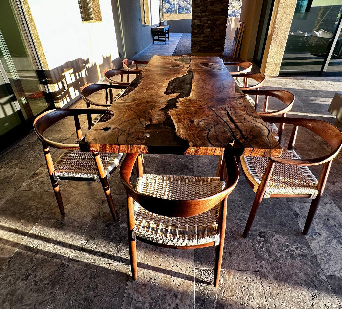 Epoxy Resin River Dining Table with  Walnut Wood Leg with chairs