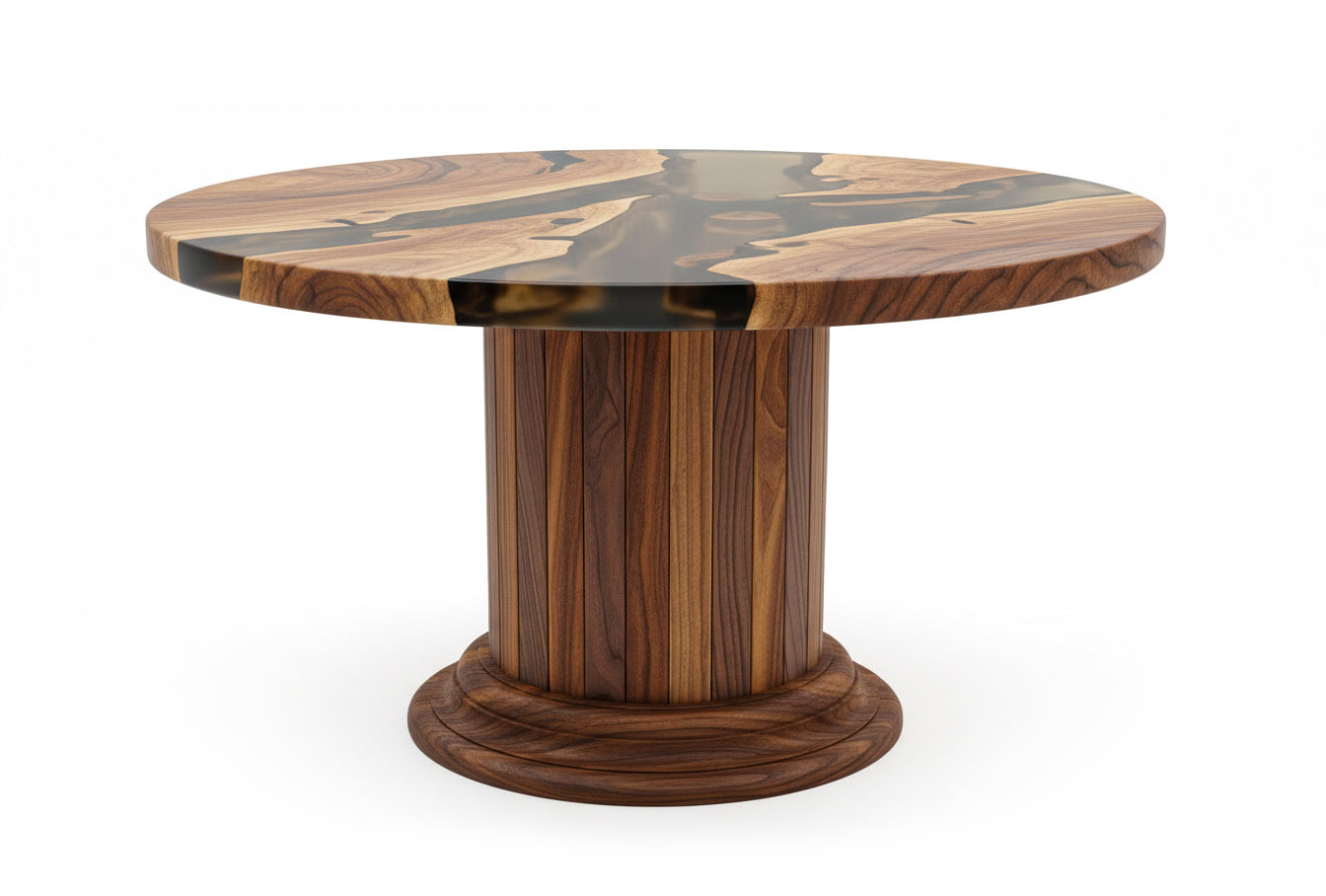 Round Dining Table with Solid Wood Drum Pedestal Base Gizz