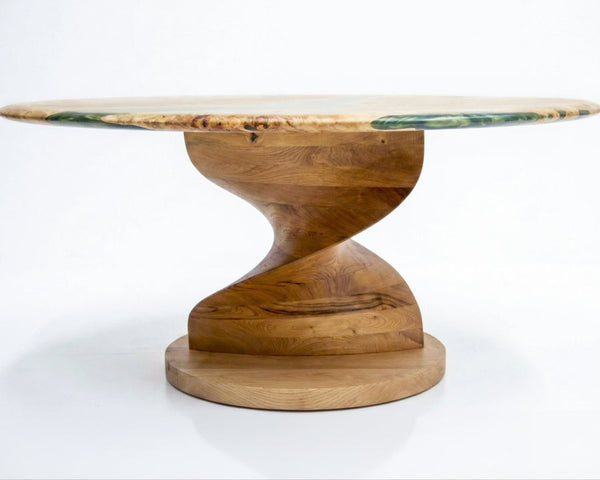 Wooden coffee table with a unique design on a white background
