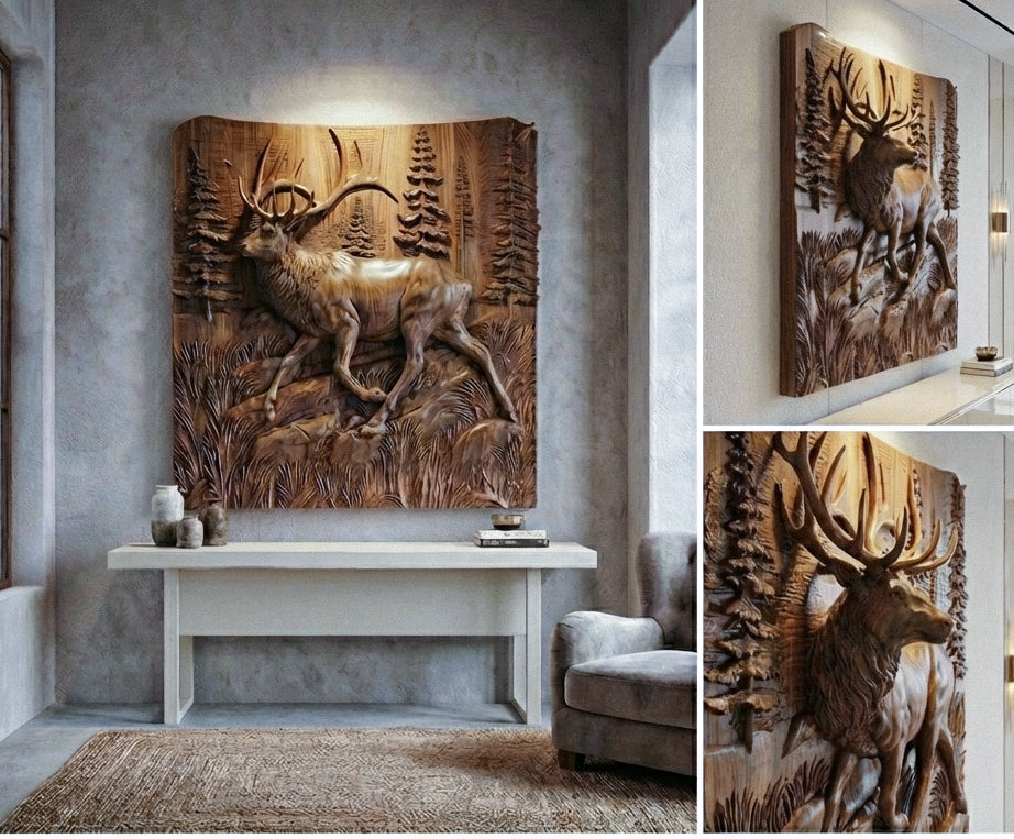 Wooden wall art of a deer in a forest scene displayed in a modern interior setting.
