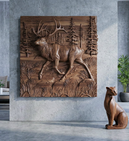 Wooden wall art of a deer in a forest scene on a concrete wall, with a wooden cat sculpture below.