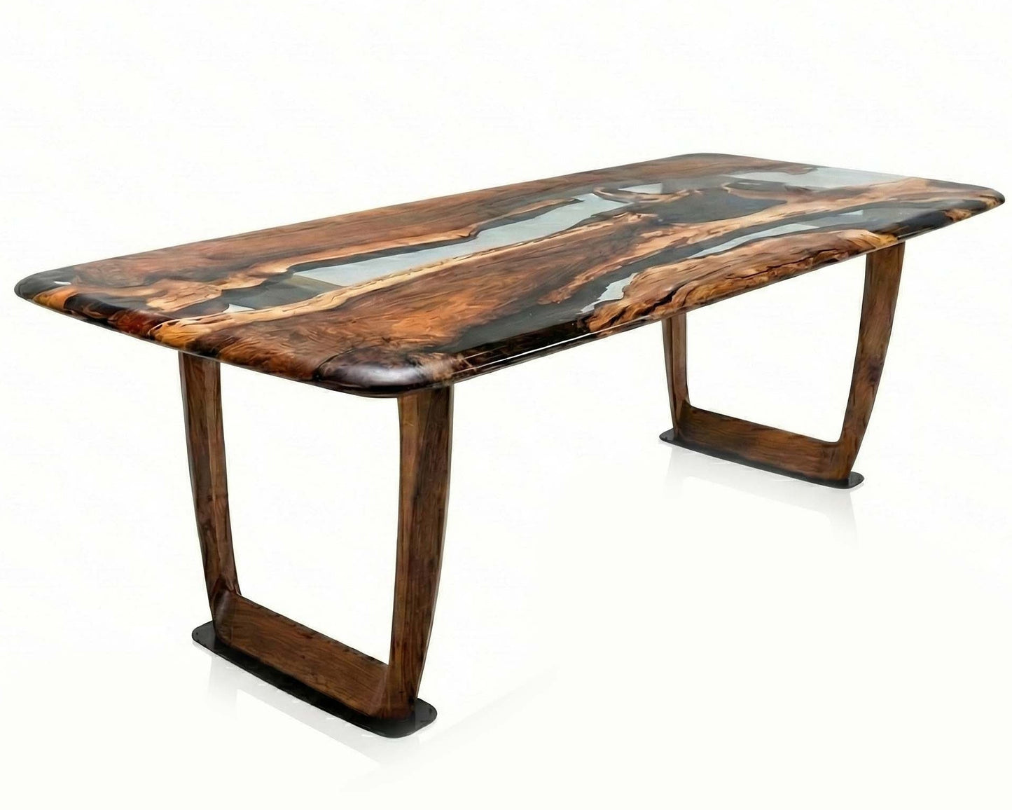 Wooden dining table with a dark finish on a white background