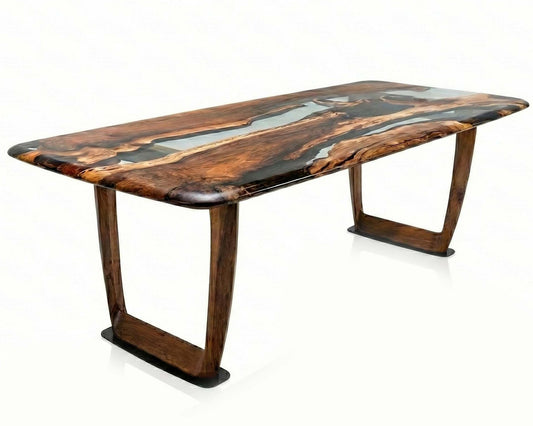 Wooden dining table with a dark finish on a white background