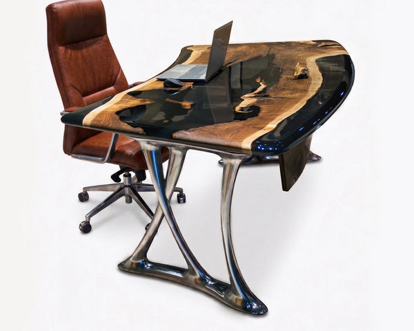 Luxury D-Shaped Walnut & Epoxy Executive Desk Gizz