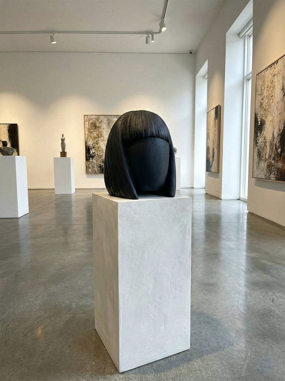 Black sculpture on a white pedestal in an art gallery with other artworks and lighting fixtures.
