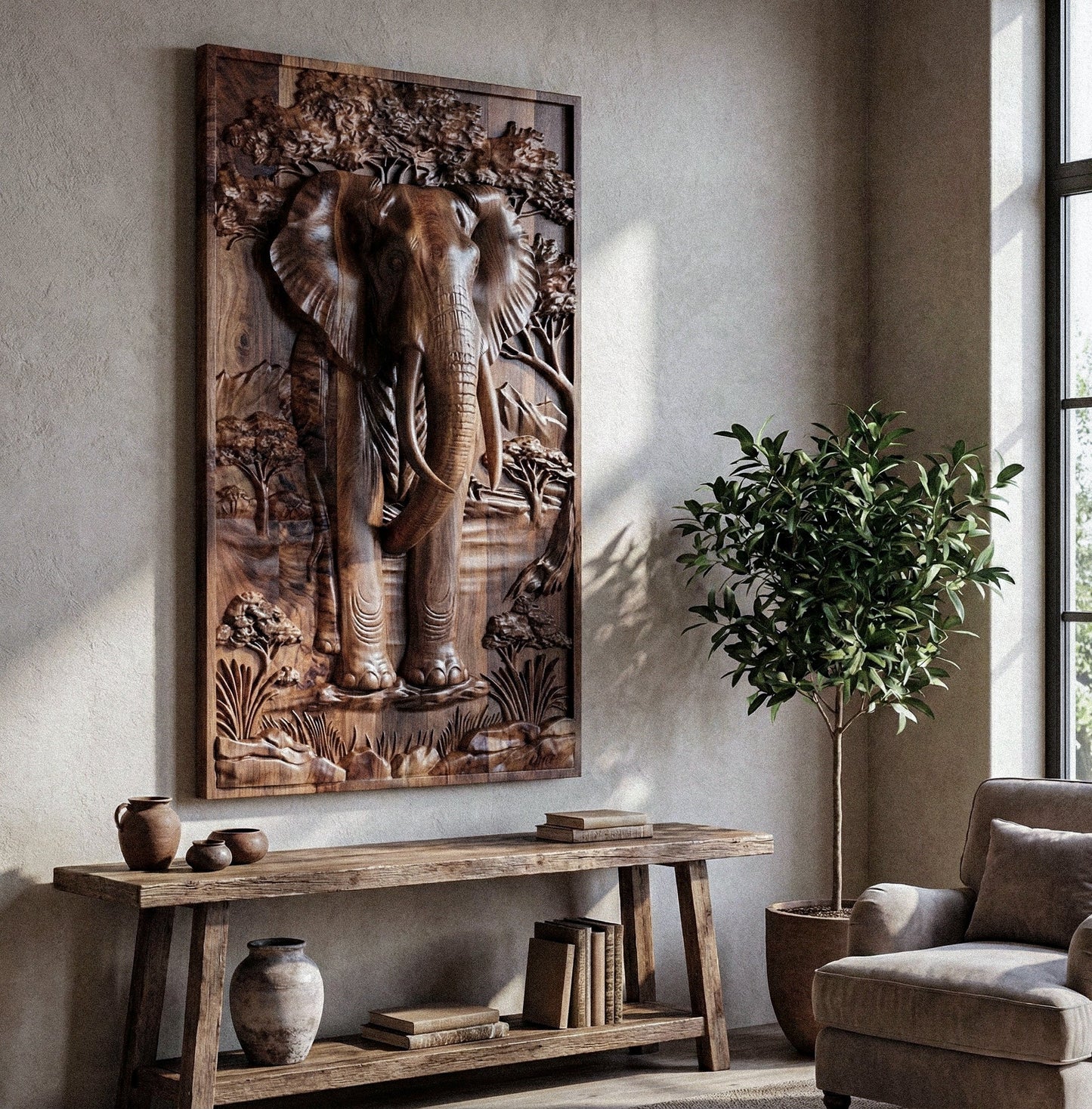 Majestic African Elephant 3D Relief Wood Wall Art Gizz