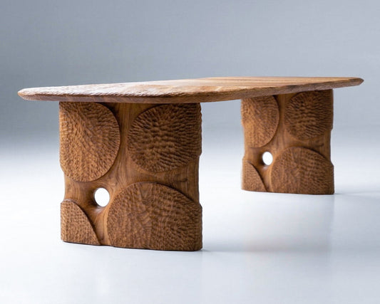 Wooden table with natural texture and circular cutouts on a gray background