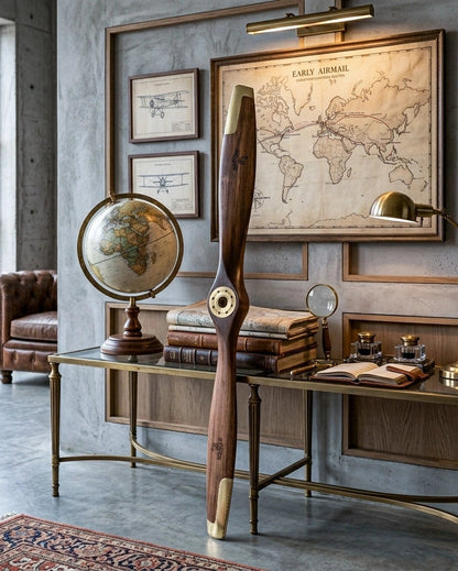 Decorative interior with a wooden propeller, globe, and world map on a wall.