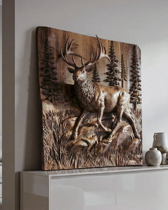 Wooden deer sculpture on a white console table in a modern living room.