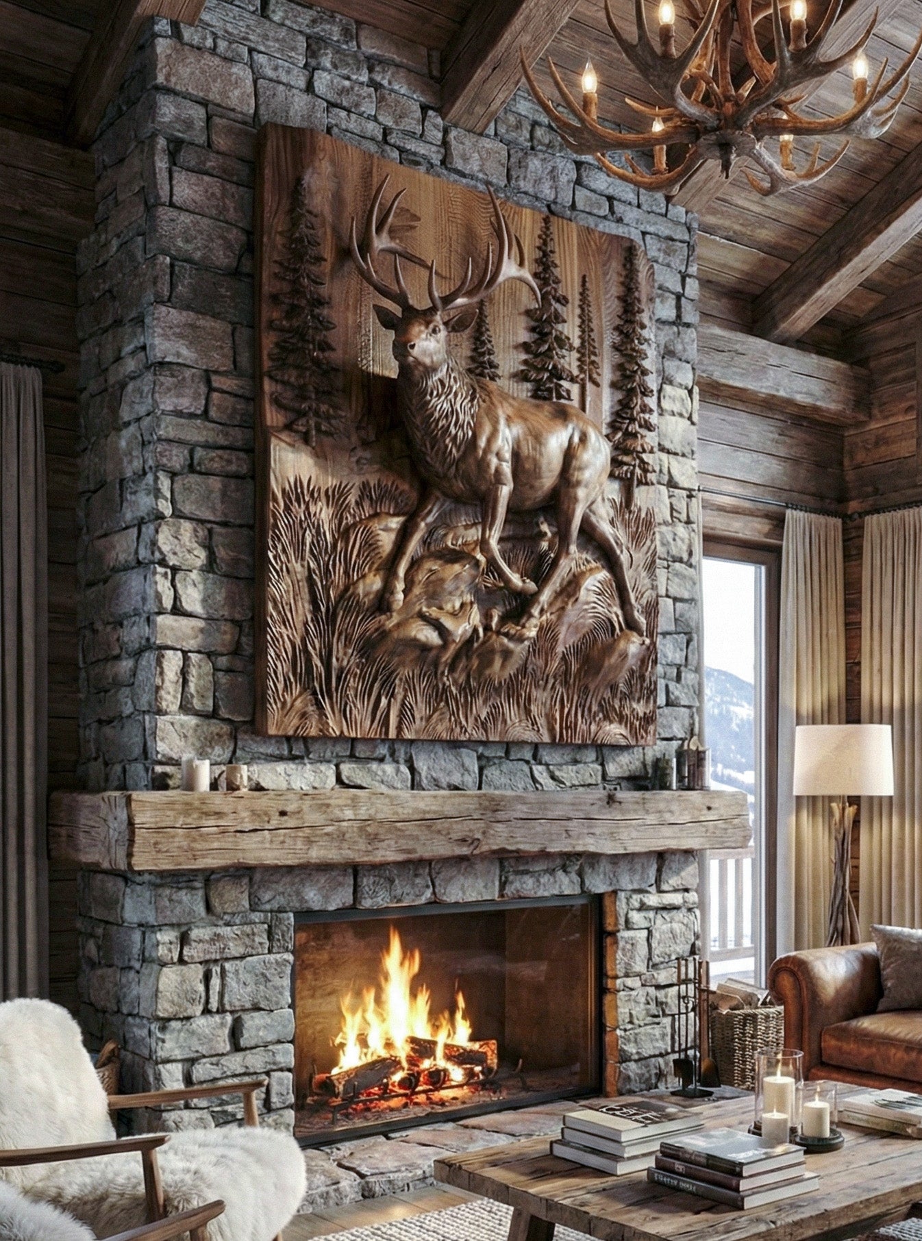 Wooden deer sculpture above a stone fireplace with a roaring fire in a cozy living room.