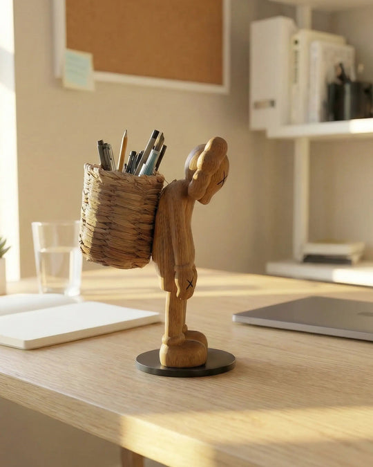 Wooden sculpture holding a basket of pens on a desk with office items in the background