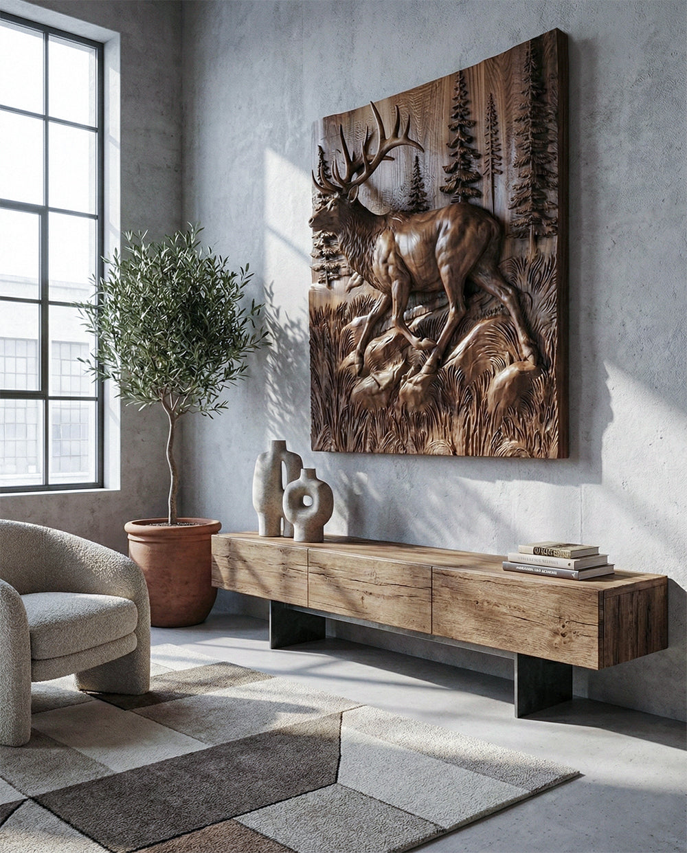Living room with wooden wall art of a deer, a console table, and a chair.