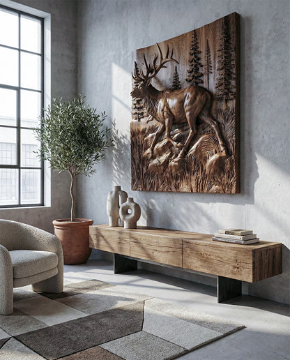 Living room with wooden wall art of a deer, a console table, and a chair.