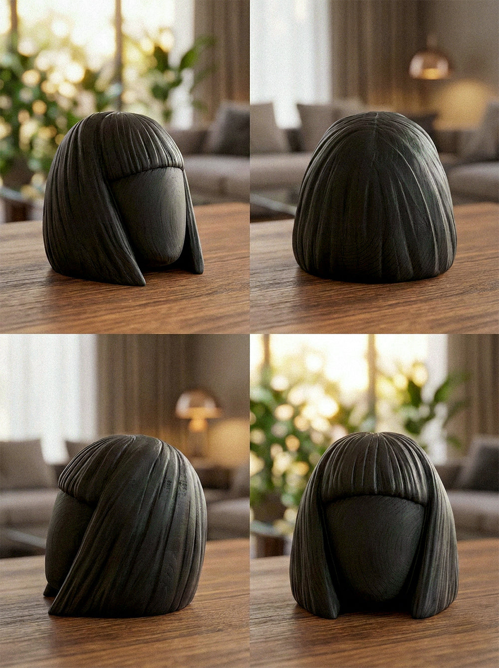 Black decorative object shaped like a person with a bob haircut on a wooden surface.