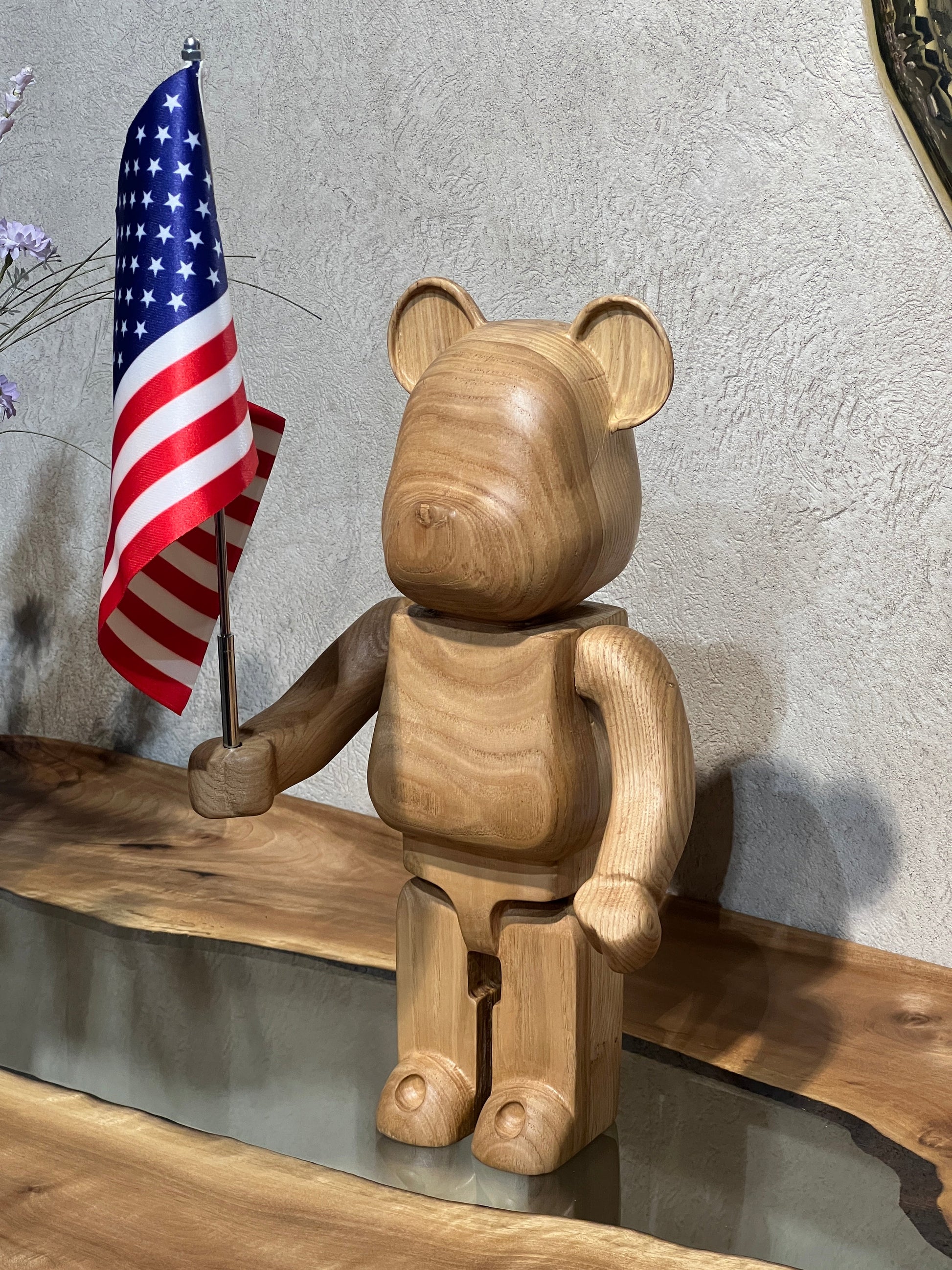 Wooden Bear Holding Flag - 15" tall Gizz