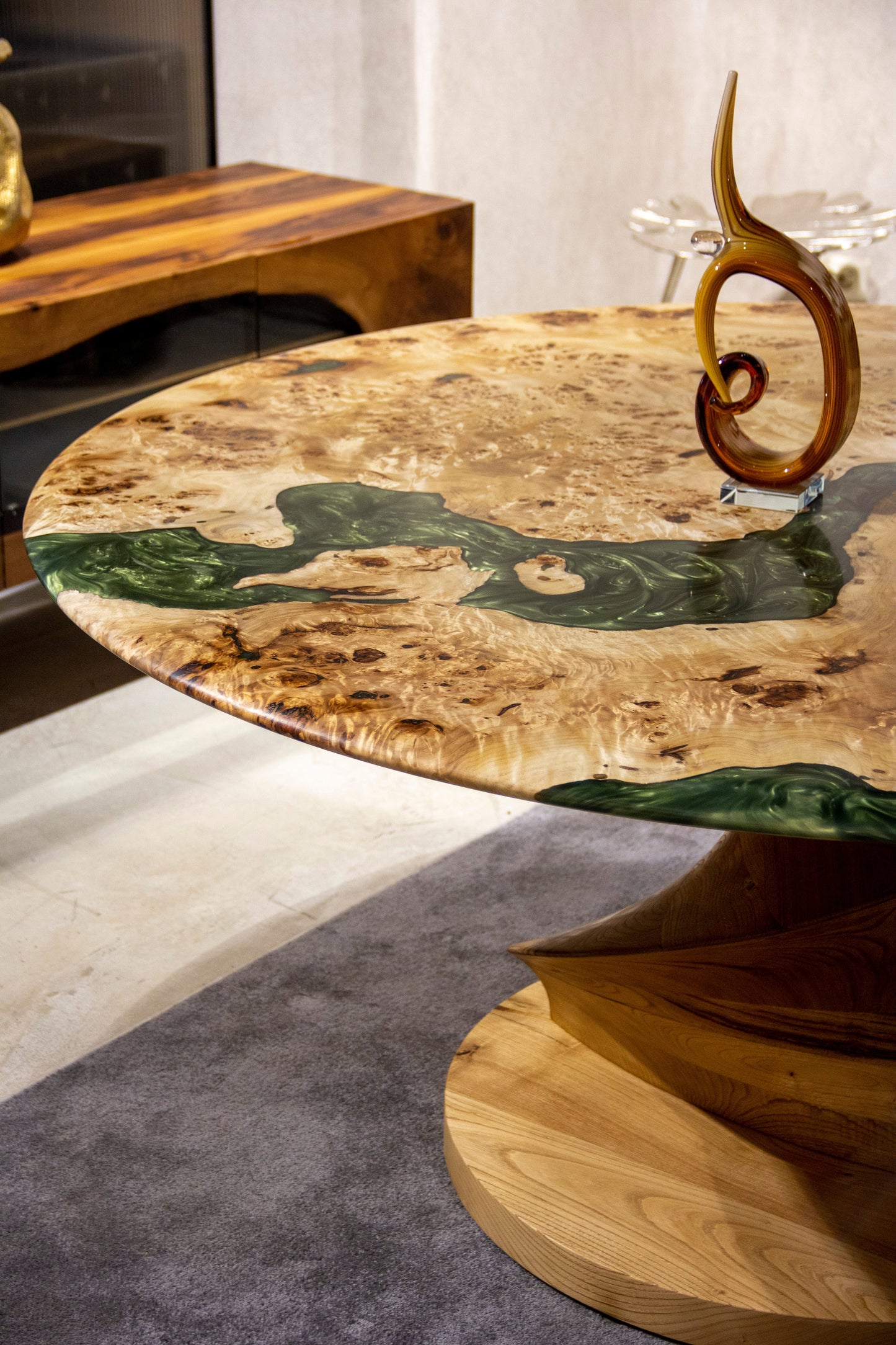 Mapa Burl Round Epoxy Resin Table | Vortex Base Gizz