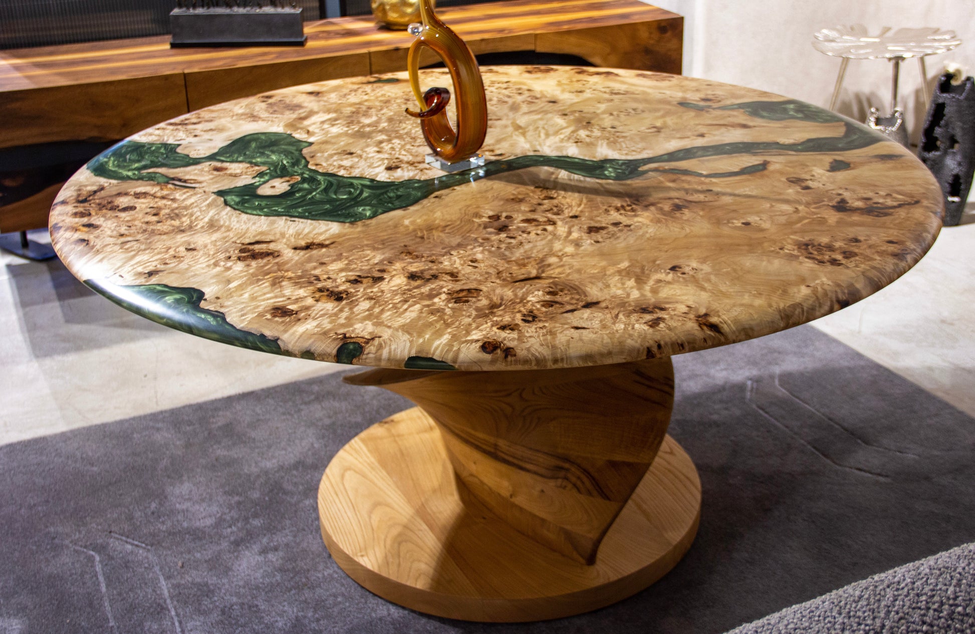 Mapa Burl Round Epoxy Resin Table | Vortex Base Gizz