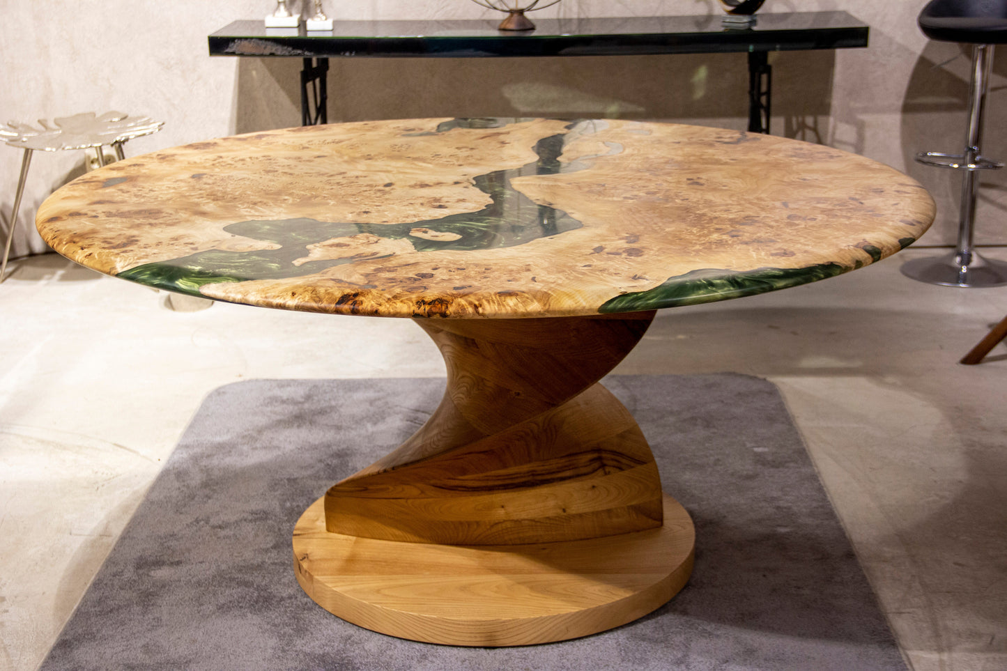 Mapa Burl Round Epoxy Resin Table | Vortex Base Gizz